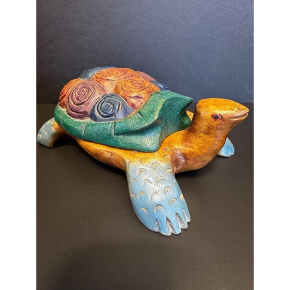 Hand-Carved & Painted Wooden Turtle Trinket Box Sea Ocean Beach Decor - Picture 1 of 16